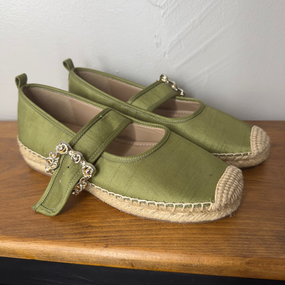 Sam Edelman Green Satin Mary Jane Espadrille Buckle Flats Size 8